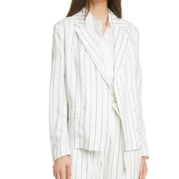 Equipment Gael Double Breasted Stripe Print Blazer white with Blue strips - Picture 1 of 7